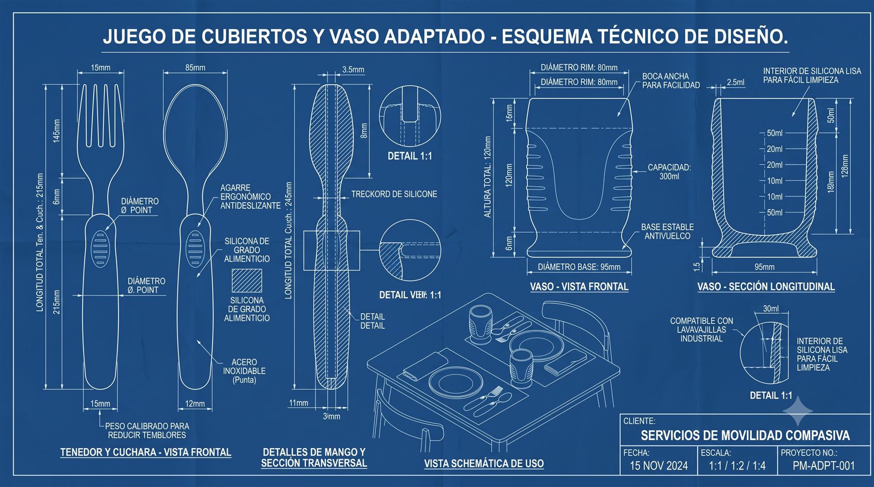 Esquema técnico de los cubiertos y el vaso Agarimo