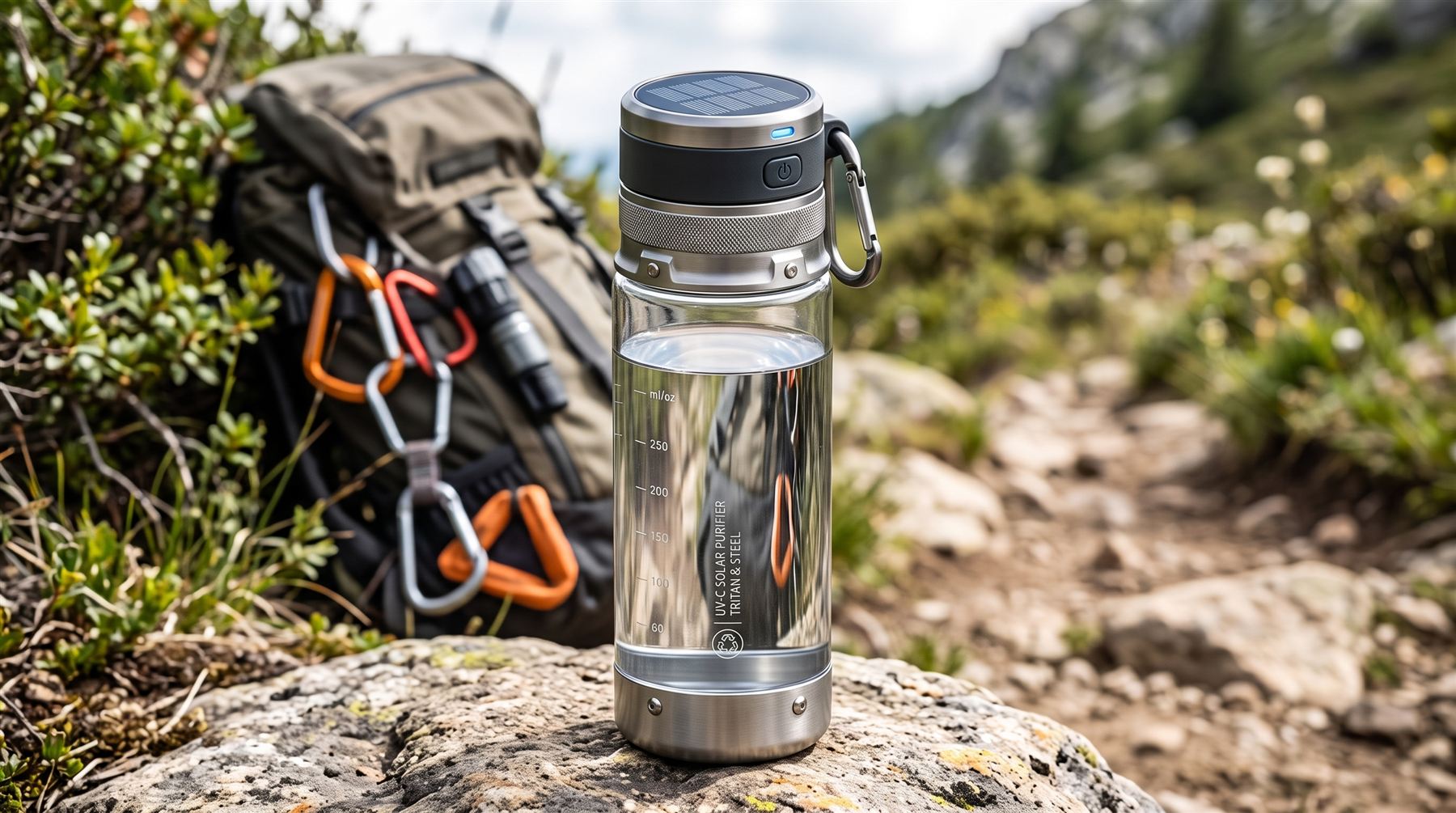 Botella purificadora Manancial sobre una roca en un sendero de montaña